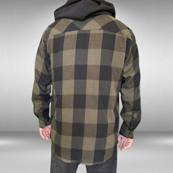 No Boundaries Men's Hooded Flannel Shirt Army Green and Black Checked - Picture 3 of 10